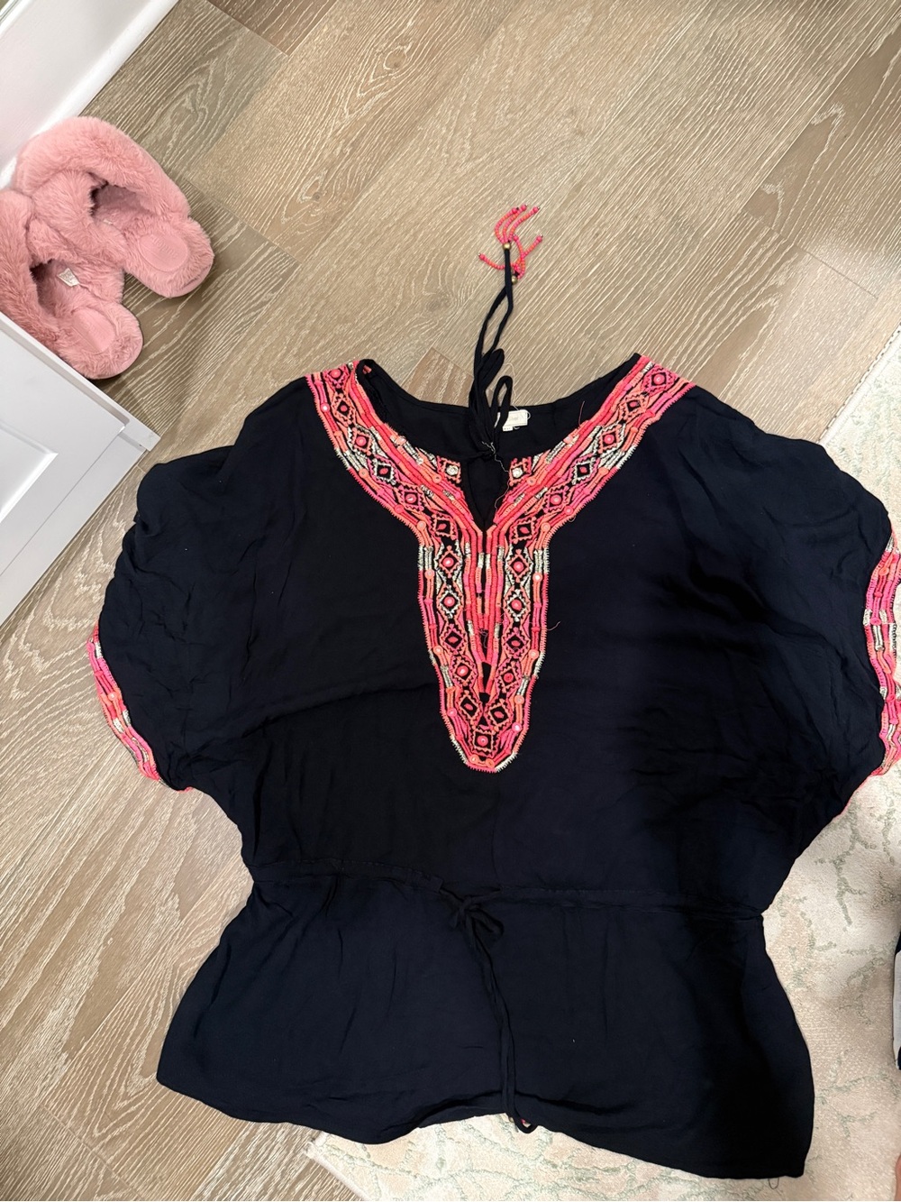 Boho Black cover up with pink Embroidery